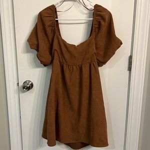 Brown Corduroy Puff Sleeve Dress